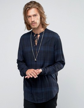 Long Sleeve Collarless Design Mens Pre-Shrunk 100% Viscose Lightweight Check Print Comfort Fit Casual Shirts