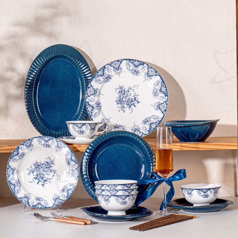 Bone Dinnerware Dinner Set for 12 People Ceramic Blue Dinnerware Set Porcelain Custom
