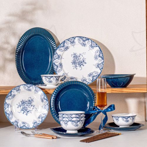 Bone Dinnerware Dinner Set for 12 People Ceramic Blue Dinnerware Set Porcelain Custom