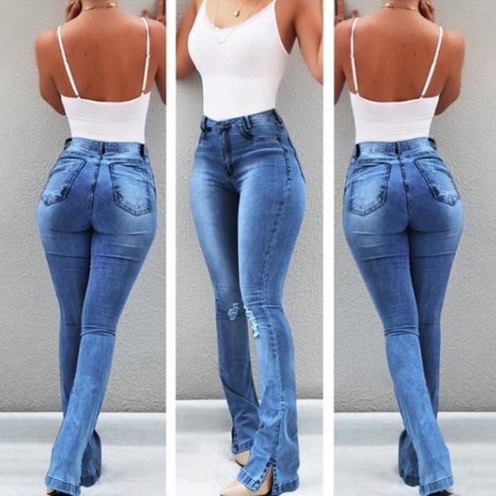 Skinny Ripped Bell Bottom Jeans for Women