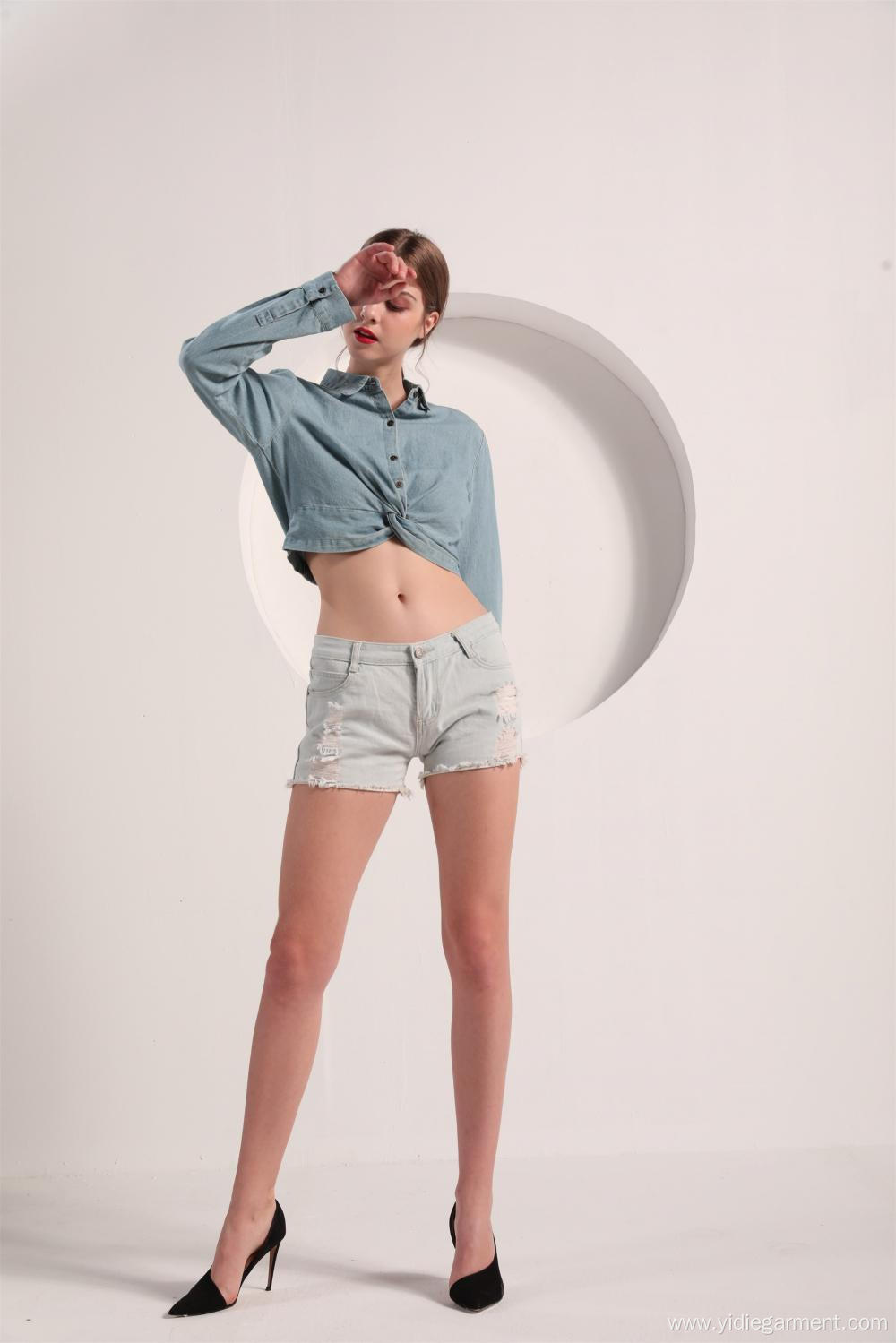 Women's Light Blue Denim Crop Shirt