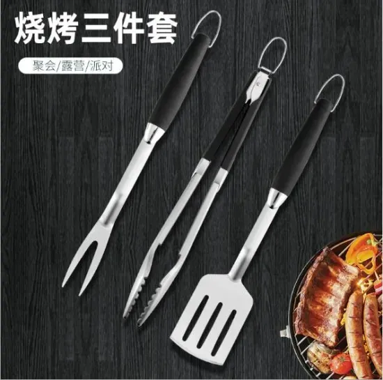 Stainless BBQ Grill Tools Set 3 Piece Utensils Kit Includes Clamp, Fork, Shovel