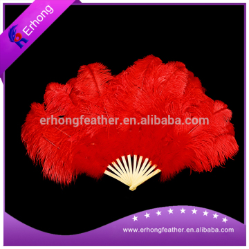 Big Bright Red Ostrich Feather Fan with Bamboo Handle