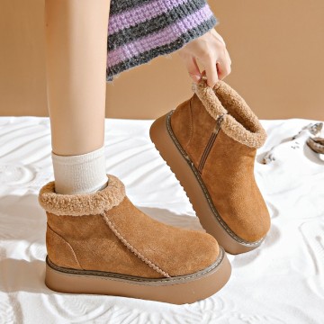 Women's Genuine Sheepskin Boots: Round Toe, Warm, Non-Slip Autumn Winter Snow Boots with Side Zipper
