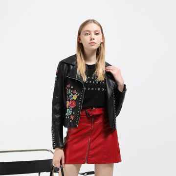 Embroidered ladies pu leather jacket