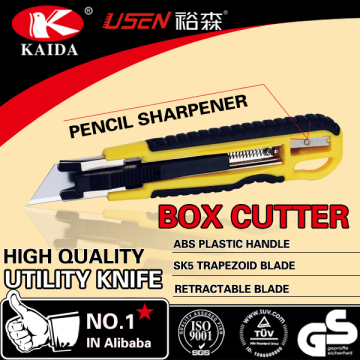 Auto Retractable Safety Trapezoid blade Plastic with rubber grip handle Cutter sharpenper