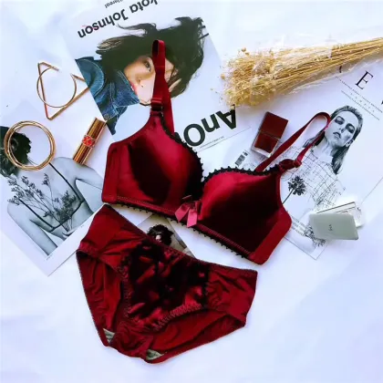 Women's Mixed Color Silk Bra and Brief Set with Bow Knot