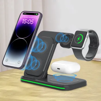 Light Smart Charging Station: 3-in-1 Universal Qi Wireless Quick Charger with Custom Logo for iPhone, AirPods, and Android