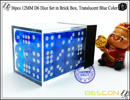 36pcs 12MM D6 Dice Set in Brick Box, Translucent Blue Color-3