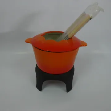 Orange Enameled Cast Iron Fondue Pot Set