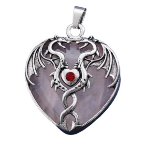 Rose Quartz Heart Antique Silver Double Dragon Stone Pendant (32x42mm) for DIY Making Jewelry