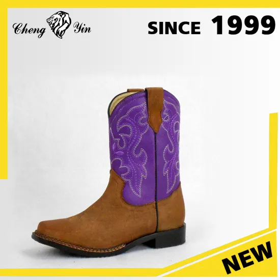 2016 Fashion Popualr Black Rubber Outsole Genuine Leather Purple Western Wholesale Cowboy Boots for Outdoor