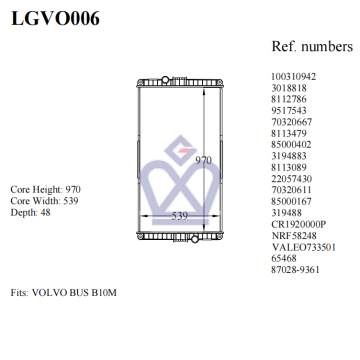 VOLVO Radiator 3018818, 8112786, 9517543, 3194883, 319488, 65468, LGVO006
