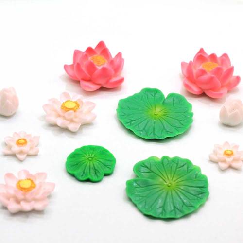 3D MIniature White Lotus Green Leaf Resin Ornament Craft Cute Bud Red Blooming Flower Fairy Garden Accessories Jewelry Shop