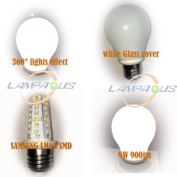 Samsung SMD 9W 900lm 360 degree Globe E27 LED bulb White glass Pear Shape Cover