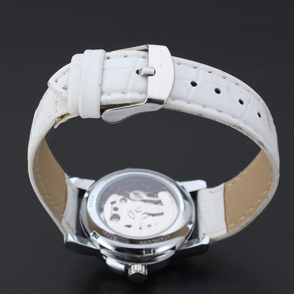 casual style mechanical watch with diamond master dial white leather band