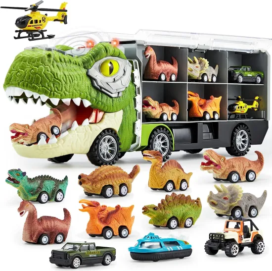 Boys' Dinosaur-themed Transport Truck with Music, Light, and Storage Function: An Exciting 9-pcs Alloy Vehicle Set