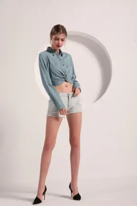 Women's Light Blue Denim Crop Shirt