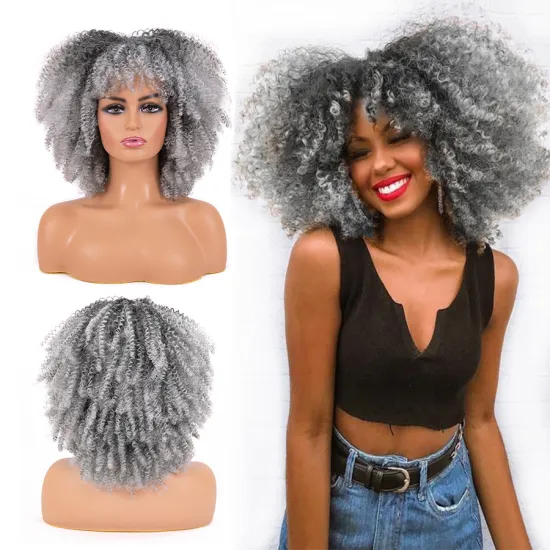 Hot Sale New Style Synthetic Hair Natural Afro Kinky Curly Wig With Bangs Fluffy Soft Ombre Short Curly Afro Wig For Black Women