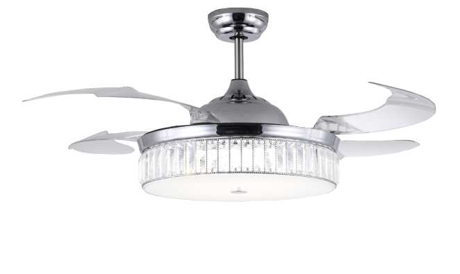 Ventilateur de plafond rétractable en argent avec abat-jour en cristal