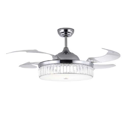 Silver Retractable Ceiling Fan with Crystal Lampshade