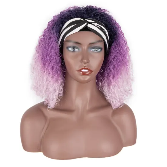 Mysterious purple fctory price short kinky curly braids Bouncy Curly Hair Glueless synthetic hair headband wig for balck woman
