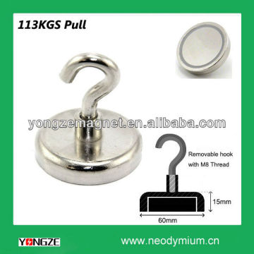 60mm dia Neodymium Clamping Magnet with M8 Hook - 113kg Pull