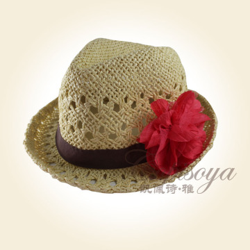 2015 Vintage style hat Handmade weave straw hat children's hat with red flower