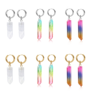 Crystal Hexagon Point Pendant Earring Natural Raw Stone Rainbow Plated Hoop Dangle Earrings Gemstone Hexagonal Drop Earring
