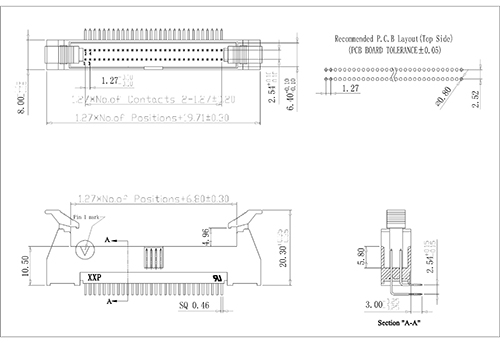 1,27*2,54 mm 2 linhas do conector do cabeçalho do ejector masculino/pino Dip/tht 90 ° ângulo reto