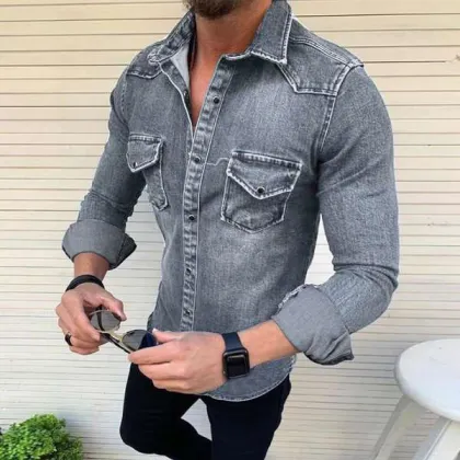 Men's Slim Fit Denim Jacket - Casual Long Sleeved Shirt Jacket