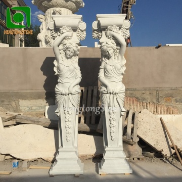 Hand Carved White Marble Woman Pillar Sculpture