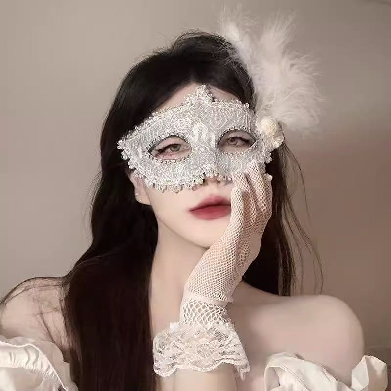 White Feather Lace Venetian Masquerade Mask