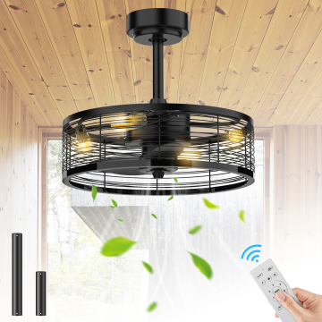 16 Inch Modern Remote Control LED Ceiling Fan with Lights - Black Caged for Living Room and Bedroom