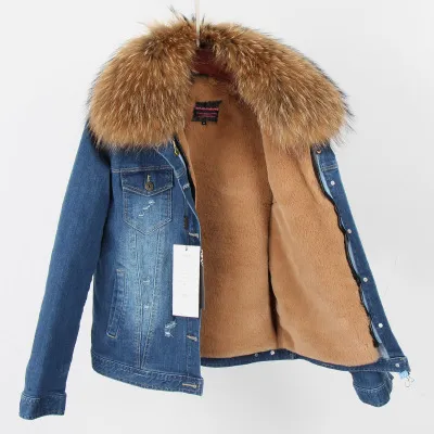 OEM ODM Women Denim coat Faux fur thick lining coat raccoon fur Big collar bomber jacket