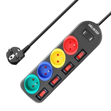 Hot Selling French Standard 5 Outlet Electric Socket with Independent Switch and 2 USB Ports