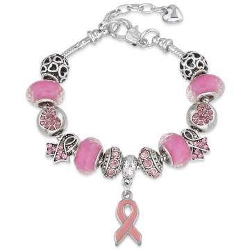 Adjustable Resin Breast Cancer Prevention Beaded Charm Bracelet with Heart Pendant and Silver Snake Chain