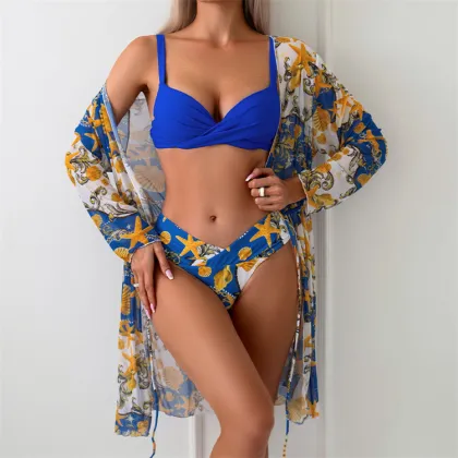 2024 Women's Three Piece Swimsuit with Long Sleeved Cover Up