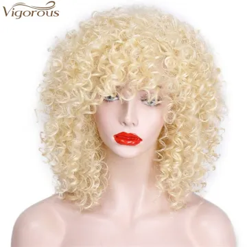 Vigorous Heat Resistant Afro Kinky Curly Hair with Bangs Synthetic Mongolian Kinky Curly Wig for Black Women
