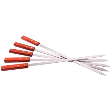 Custom Premium 304 Stainless Steel Flat Lidi dengan Pemegang Kayu Untuk BBQ Luar