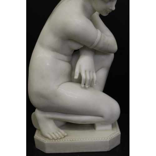 Graceful White Marble Female Statue in Kneeling Pose