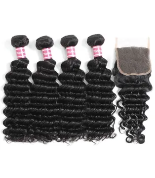 Peruvian Hair Deep Wave Hair 4 Bundles with Closure Remy Human Hair Weave Bundles With Closure Natural Color