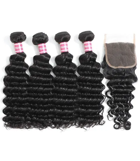 Peruvian Hair Deep Wave Hair 4 Bundles with Closure Remy Human Hair Weave Bundles With Closure Natural Color