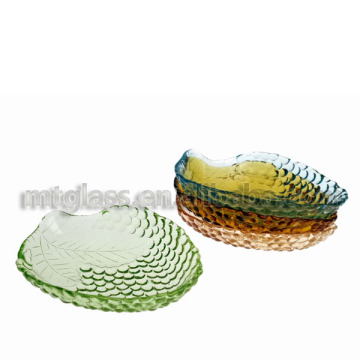 cheap antique leaf shape colored decorative glass fruit plate