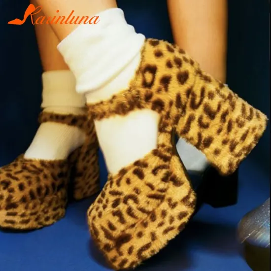Karinluna Hot Sale 2021 New Fashionable Female Shoes Fashionable Sweet leopard Ankel Strap Leopard Paltform Gothic Women Pumps