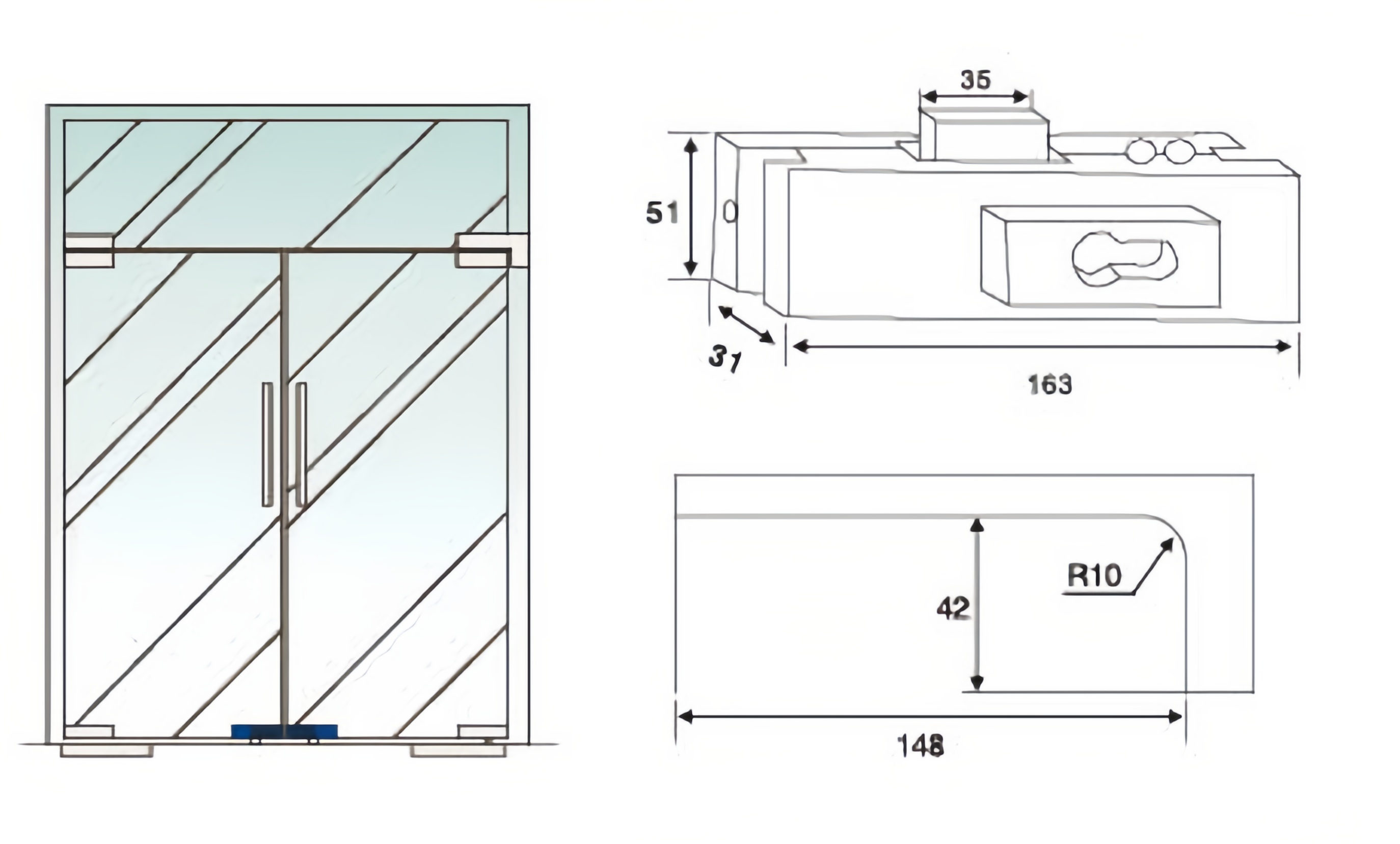 Glass cutout drawing for ASJ007 bottom patch lock