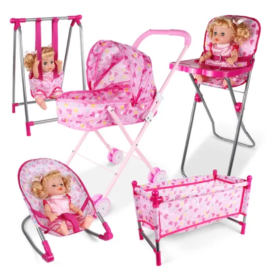 Cute Swing Bed & Dining Chair Trolley Simulation Toy Set for Preschool Girls and Boys