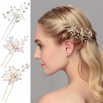 Gold Leaf Pearl U-Shaped Hair Pin Crystal Flower Clip