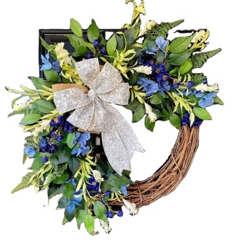 Spring Blue Flower Wreath with Fabric Bow and Green Plants: Outdoor Decor