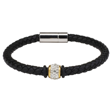 Newest Design Black Leather Bracelet with Magnetic Stainless Steel Button for Men - Birthday Gift